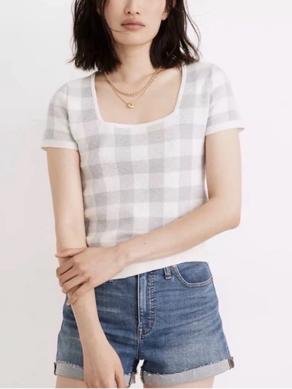 Madewell White and Light Gray Gingham Square-Neck Crop Top Size XS